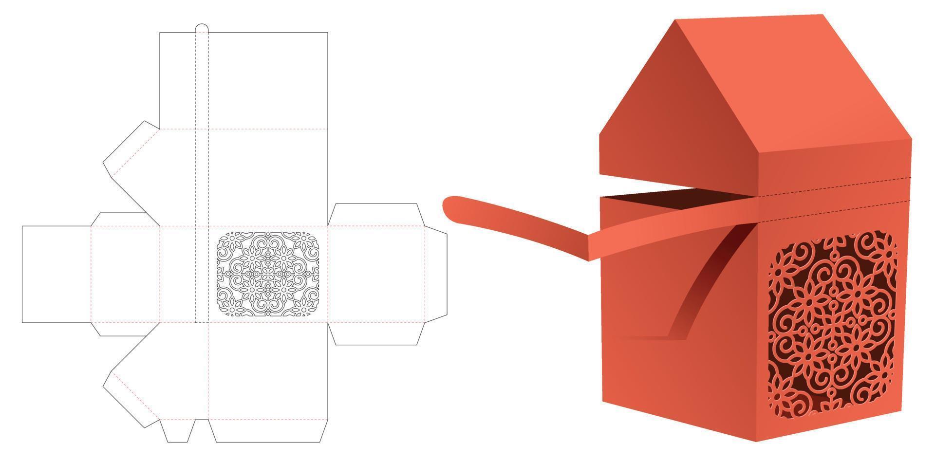 Hausförmiger Kasten mit Reißverschluss mit gestanzter Schablone mit Schablonenmuster und 3D-Modell vektor