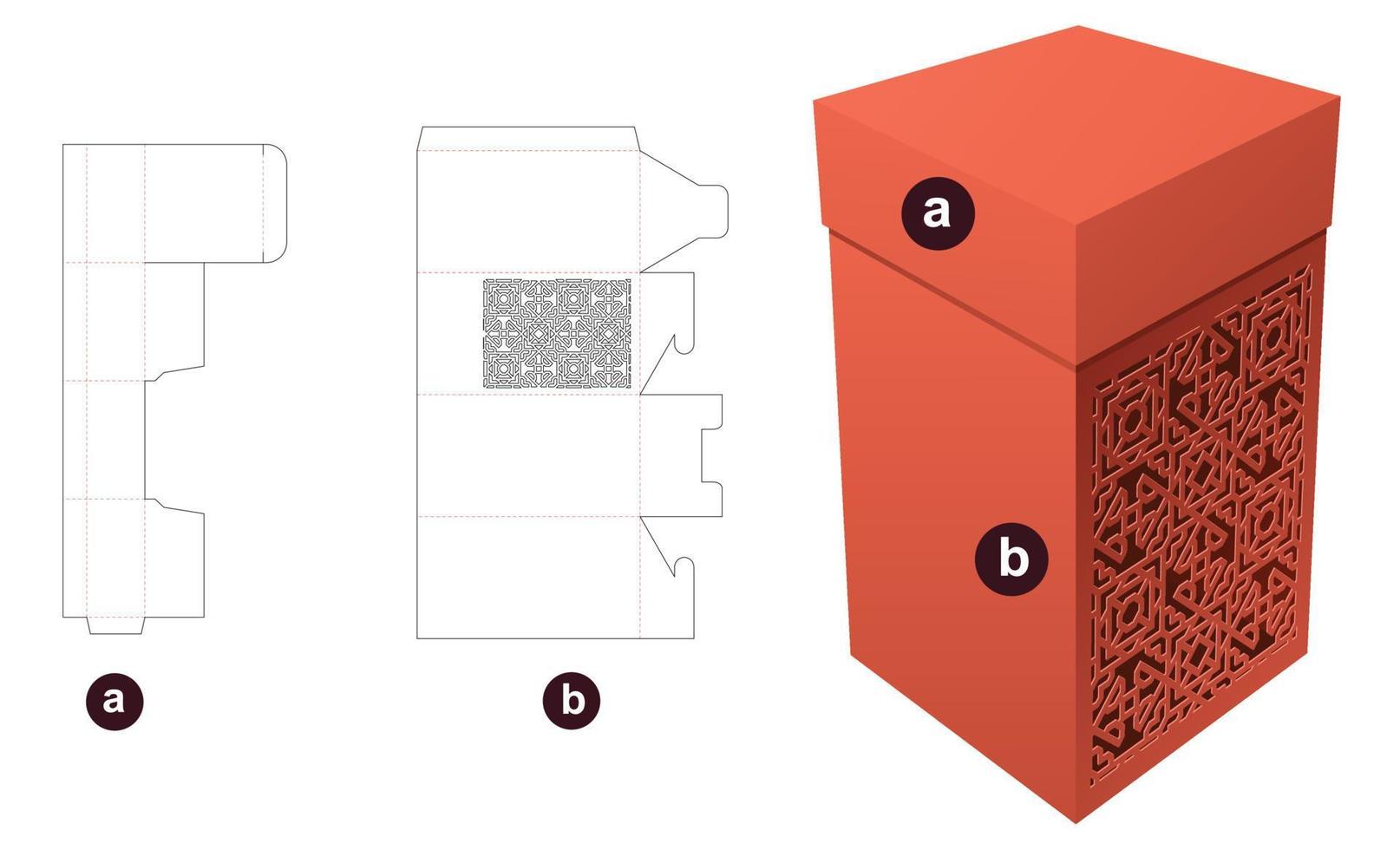 Verpackungsbox und Deckel mit Schablonenmuster-Stanzschablone und 3D-Modell vektor