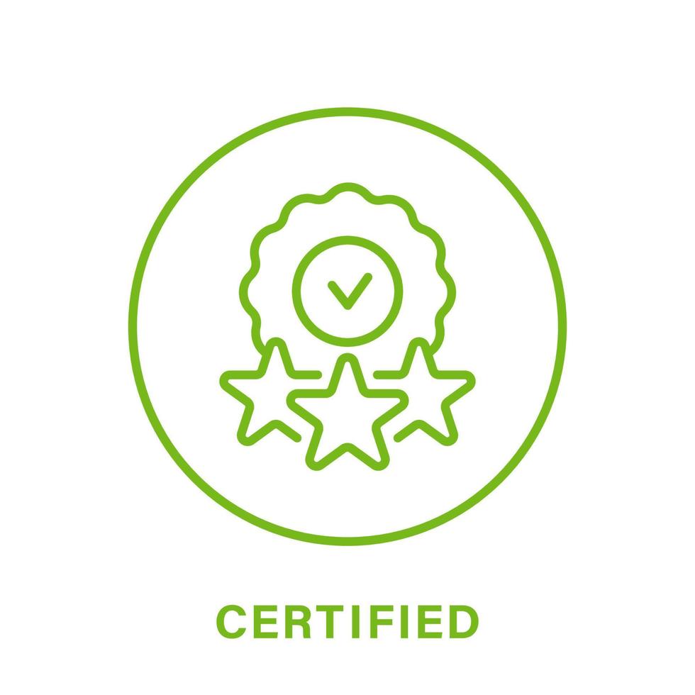 certifierad produktkvalitet linje grön ikon. certifikat garanti ursprung kontur piktogram. ackrediterad produktikon med stjärnor. certifiera kontrollsymbol. verifierad försegling. isolerade vektor illustration.