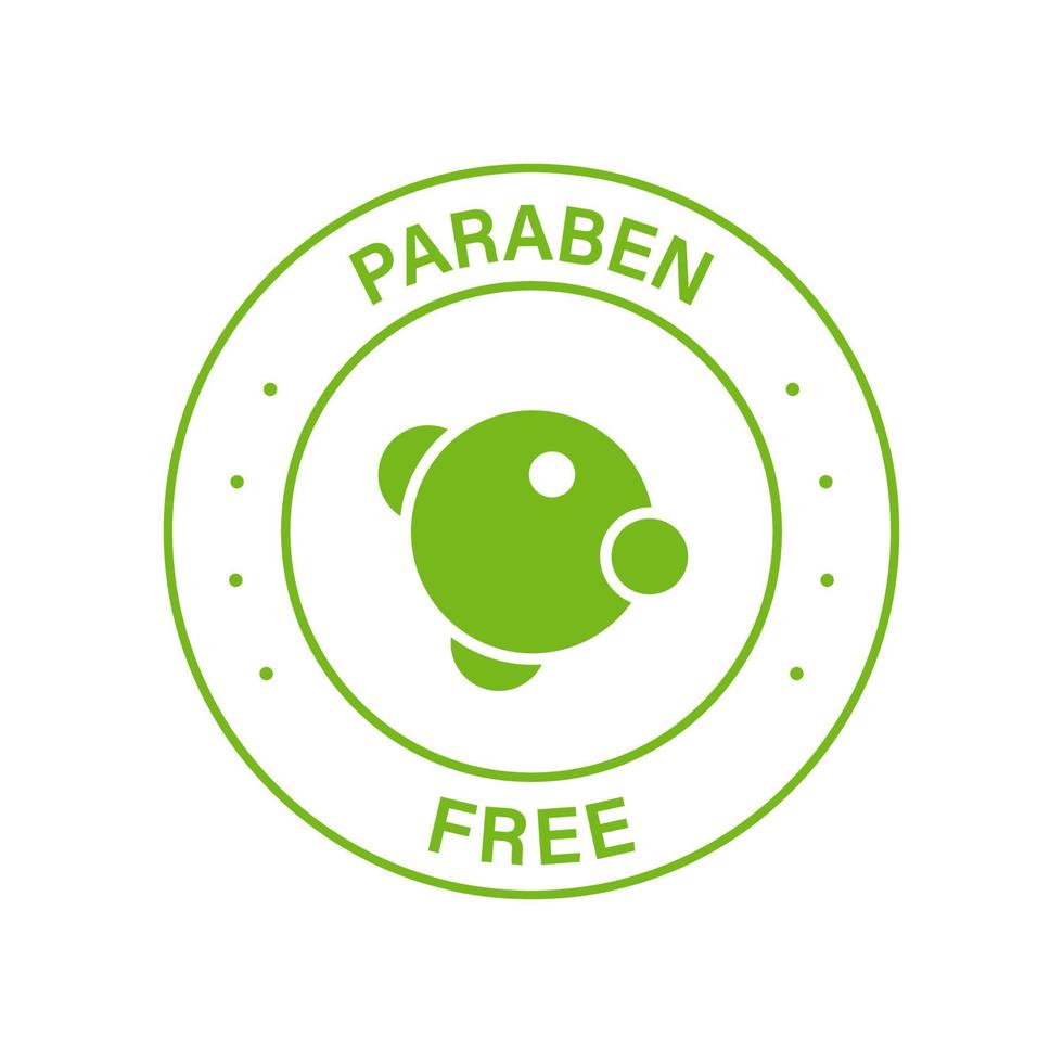 paraben kemikaliefri grön cirkel stämpel. inget konserveringsmedel, säkerhetsbioproduktikon. gratis eko ekologisk kosmetisk etikett i plast. kvalitetsmat symbol. parabenfri logotyp. isolerade vektor illustration.