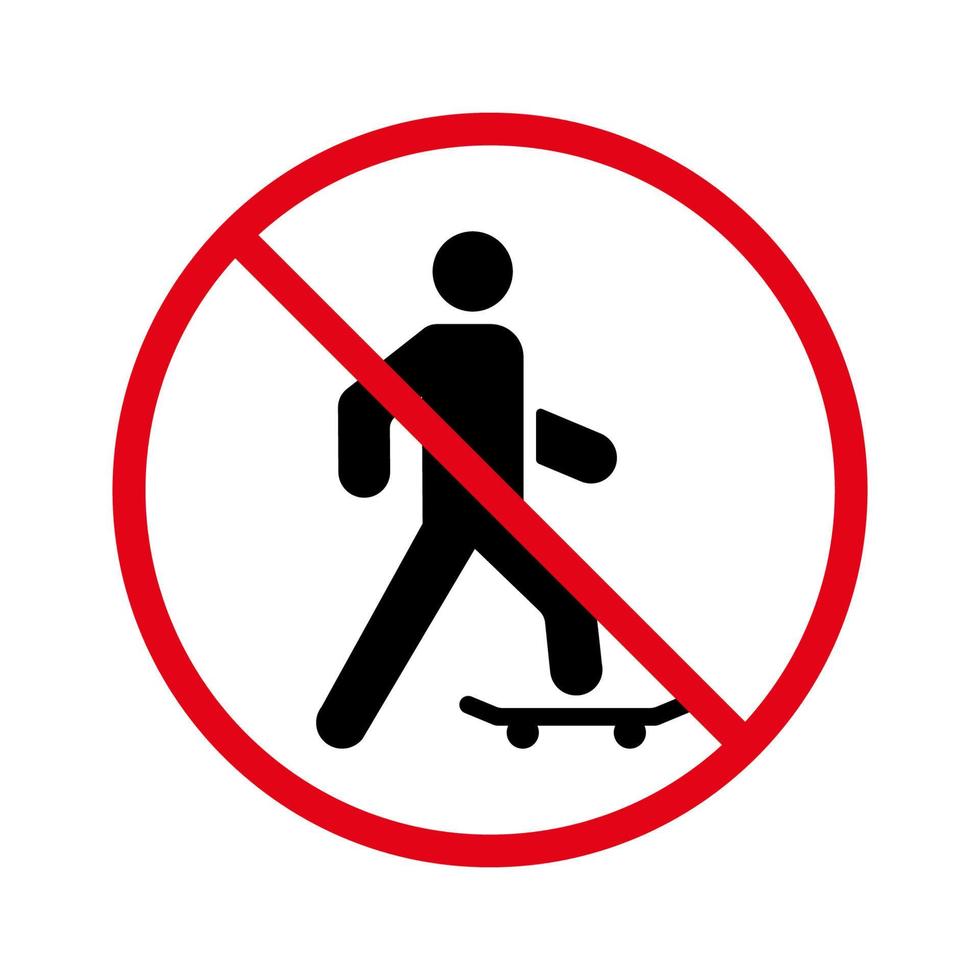 Kein erlaubtes Mann-Skateboard-Schild. Skater rotes Stoppkreissymbol. Verbot Skateboard in der öffentlichen Stadt schwarze Silhouette Symbol. extrem aktives Piktogramm verbieten. Schlittschuhlaufen verbieten. isolierte Vektorillustration. vektor