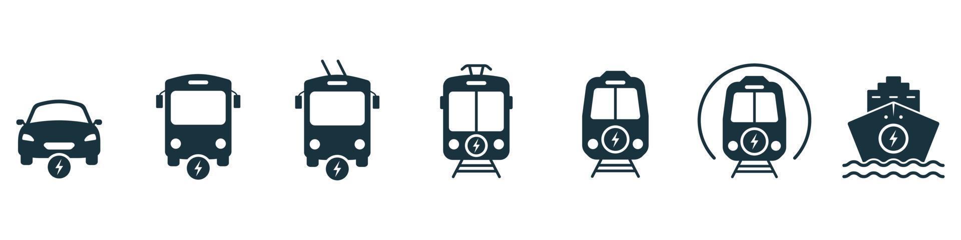 ekologi alternativ hybrid elektro kollektivtrafik siluett ikon. elbuss, bil, fartyg, spårvagn, tunnelbana, tågskylt. elektriska eko fordon piktogram uppsättning ikon. isolerade vektor illustration.