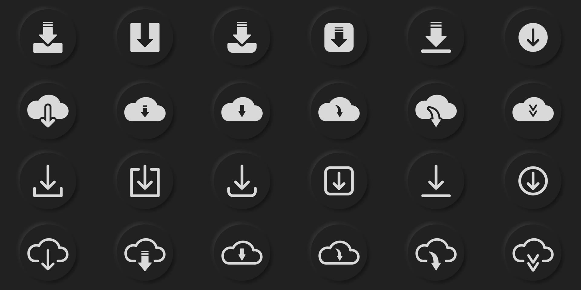 Schaltflächenzeile und Silhouette-Icon-Set herunterladen. Wolke, Kreis, Pfeil nach unten Upload-Symbol. Laden Sie Web-App, Datei, Video, Dokument-Piktogramm im Neumorphismus-Stil auf schwarzem Hintergrund herunter. Vektor-Illustration. vektor