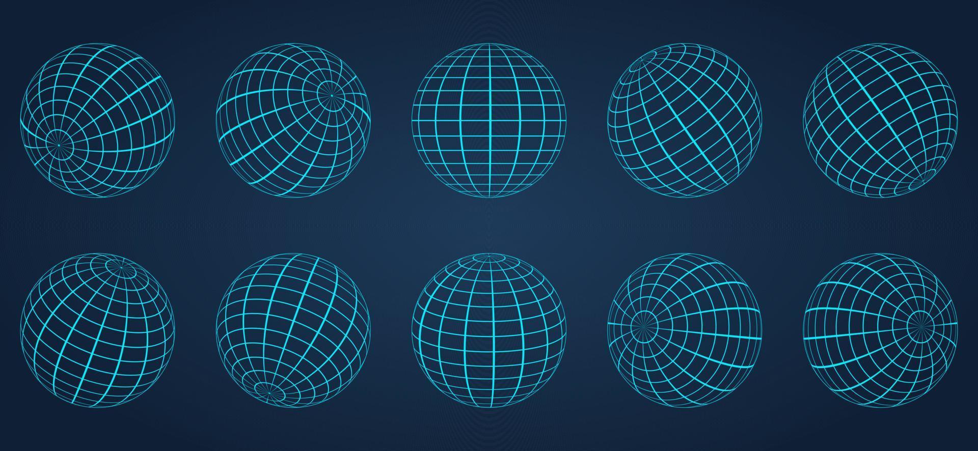 3d blå globe rutnät sfär på mörk bakgrund. geometrisk rund rutnät nätboll. wireframe glob yta. tråd globala jordens latitud och longitud. trådbunden linje 3d planet världen. vektor illustration.