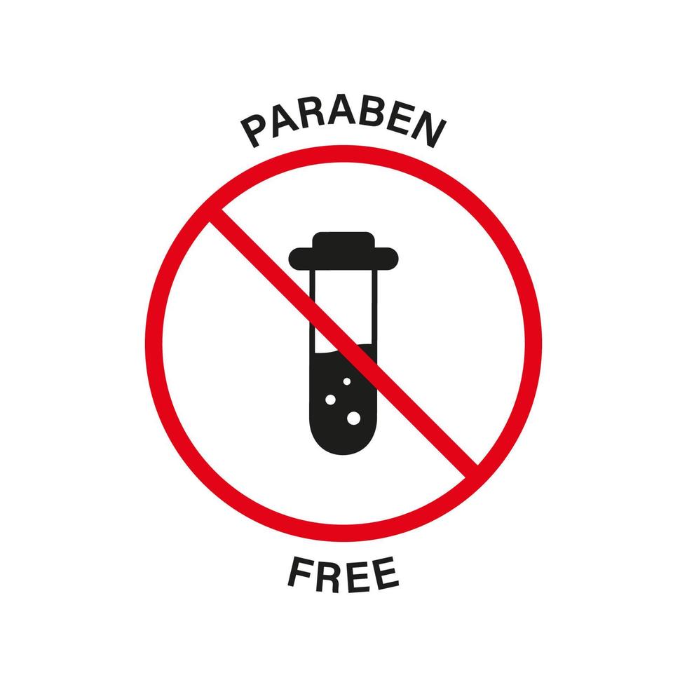 parabenfreie Silhouette schwarzes Symbol. chemisches konservierungsmittel rotes stoppschild. Verbotenes Paraben im Lebensmittelsymbol. Safety Eco Bio-Kosmetik-Bio-Produkt-Logo. kein Plastiketikett. isolierte Vektorillustration. vektor