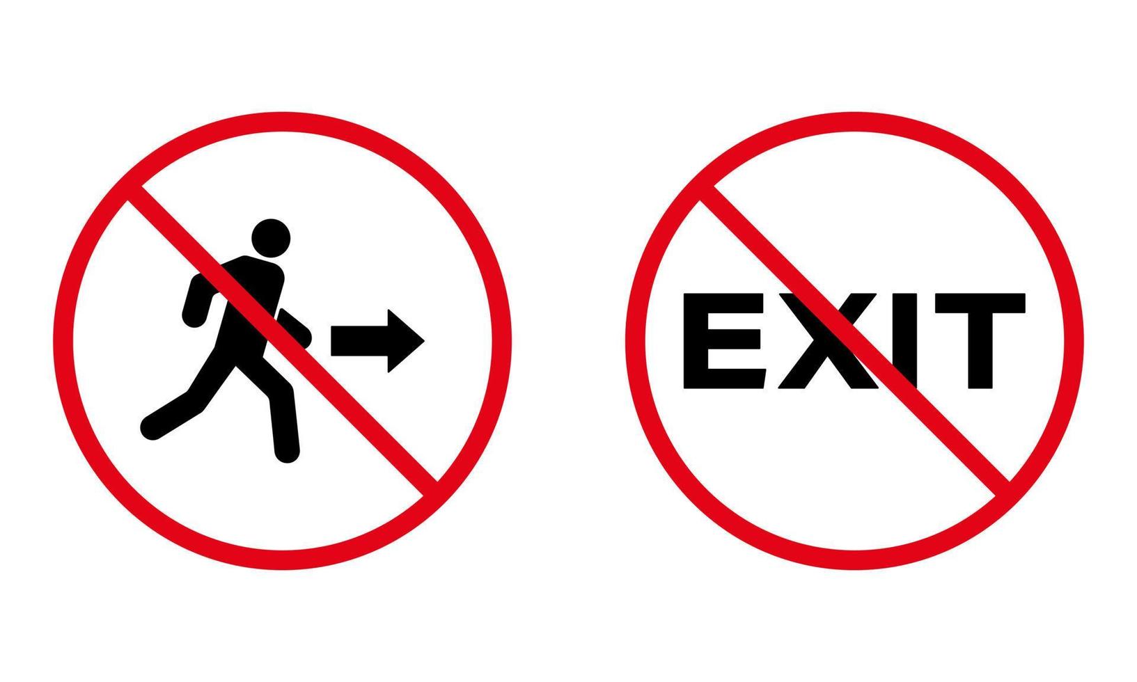 Person Weg Flucht Piktogramm verbieten. rotes Notstopp-Kreissymbol. Verbot Ausfahrt schwarze Silhouette Symbol. Verbieten Sie das Verlassen des Menschenlaufs. keine erlaubte Evakuierung im Gebäudeschild. isolierte vektorillustration. vektor