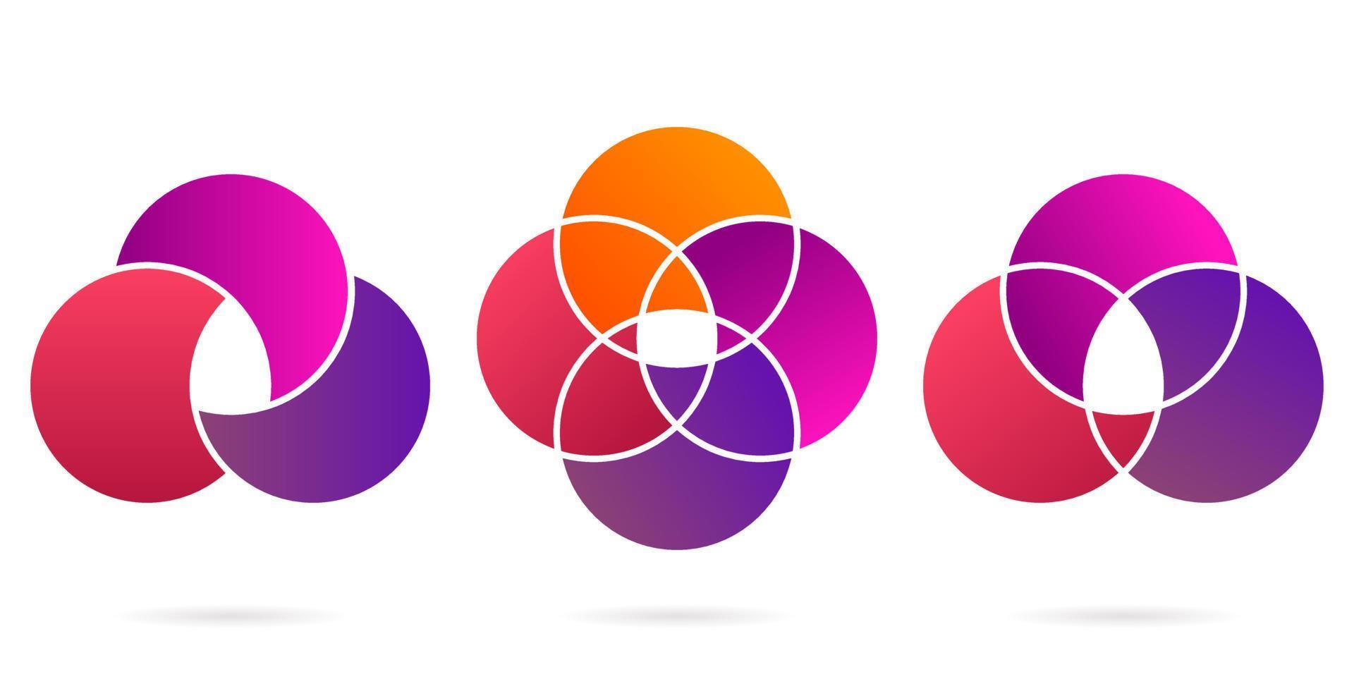 Venn-Diagramm-Farbrundsatz. Infografik mit drei, vier gekreuzten Kreisen. Diagrammkonzept mit 3, 4 Kreisen. Diagramm venn. kreisförmiges leeres Schema. Rahmengeschäft Grafik. isolierte vektorillustration. vektor