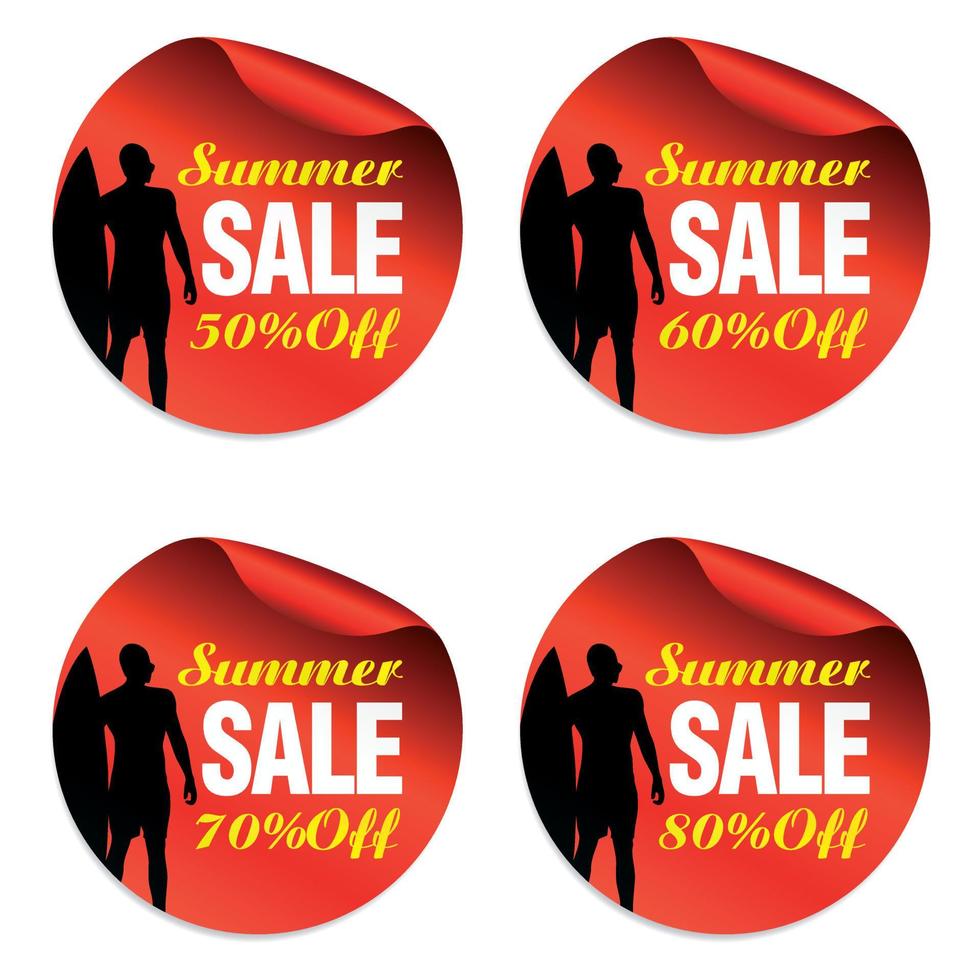 Summer Red Sale Sticker Set 50, 60, 70, 80 Prozent Rabatt mit Surfer vektor