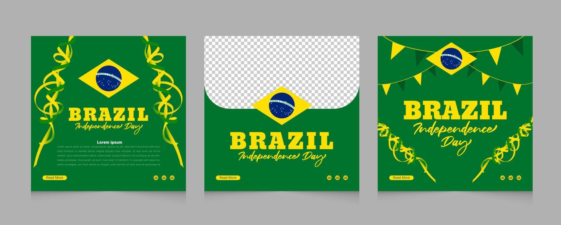 brasilien unabhängigkeitstag social media post design set mit buntem band und geometrisch vektor
