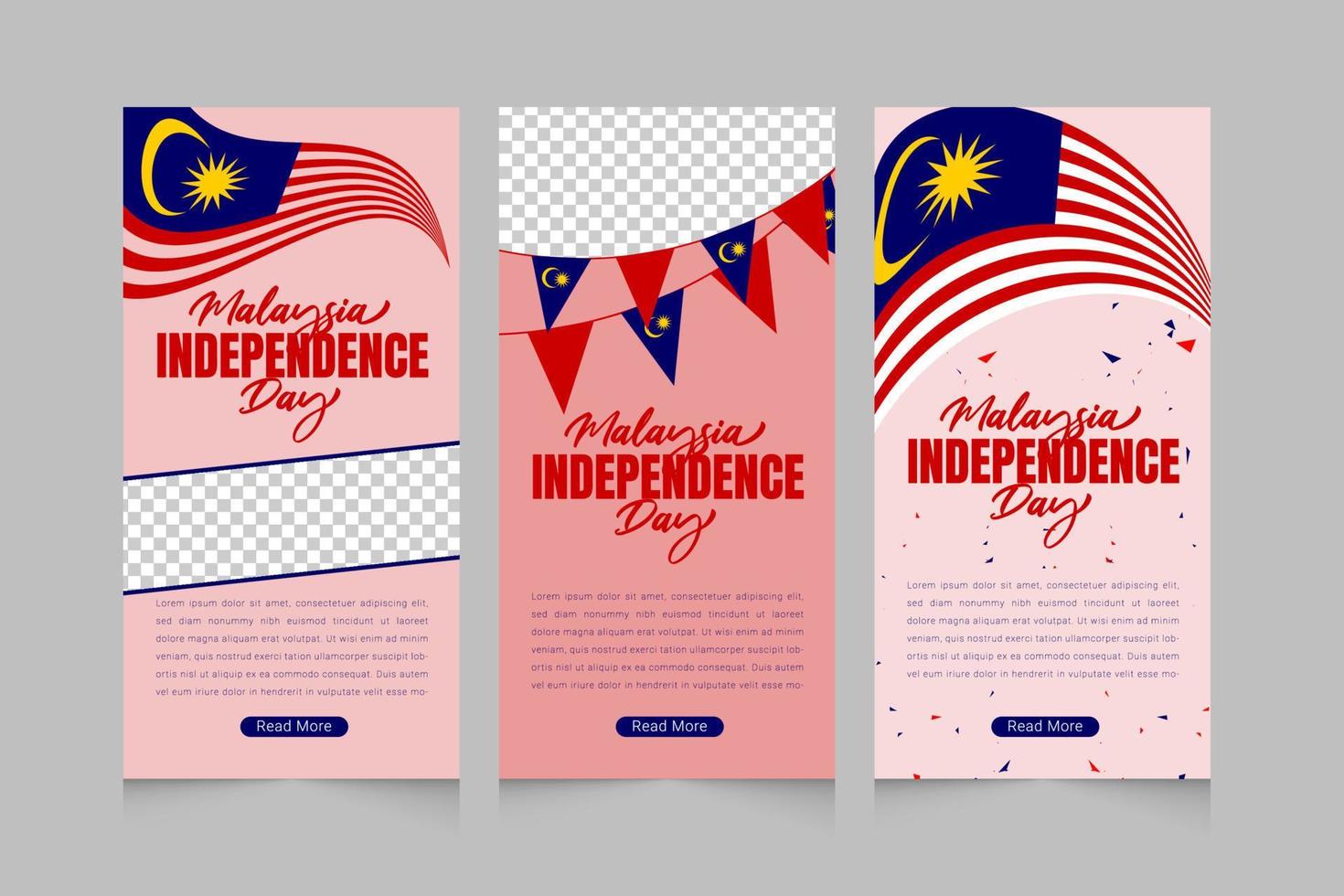 malaysias självständighetsdag med 3d-flaggviftande vertikal bannerdesign vektor