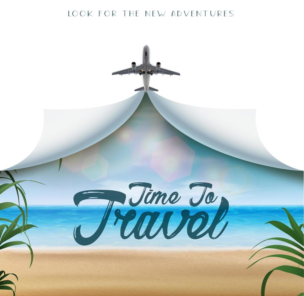 dags att resa realistisk vektor banner med vit kopia utrymme och flygplan och tropisk strand utsikt med löv, växter och strand med sand och hav.