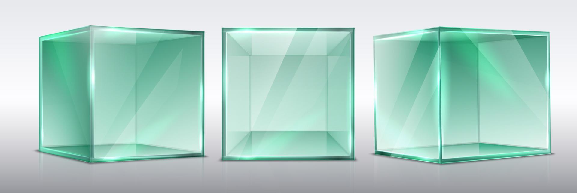 3D realistisk vektoruppsättning av transparenta glaspresentationskuber, isolerade. vektor