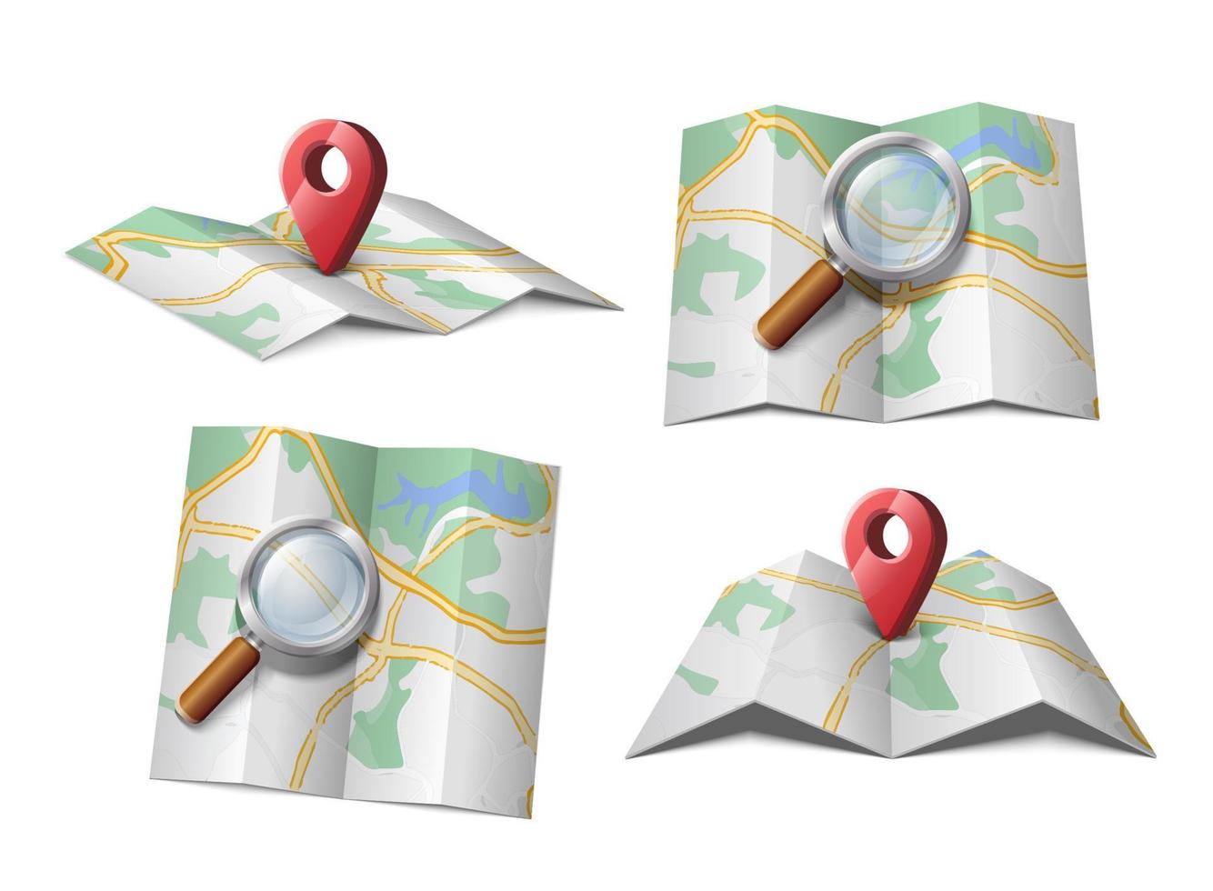 Vektorsymbol der Karte mit Lupe oder rotem GPS-Pfeil. vektor