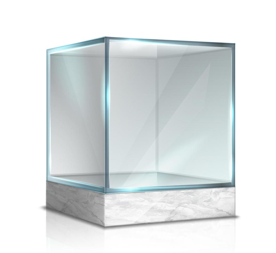 vektor 3d realistische glasbox, würfel zur präsentation auf marmorständer. isoliert auf weißem Hintergrund.