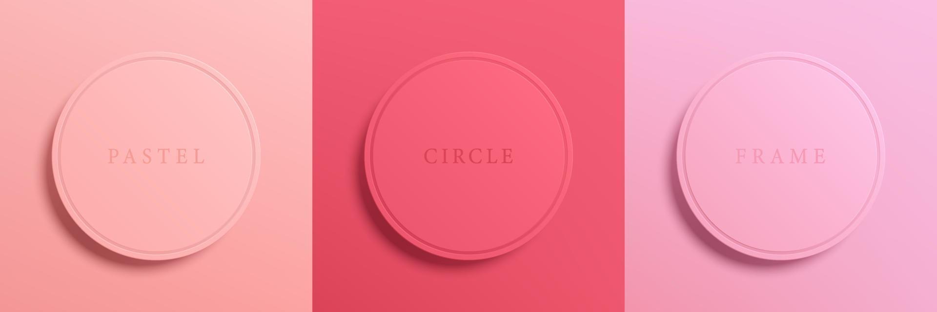 uppsättning av pastell korallrosa och röd 3d rund cirkel form styrelse ram. samling av geometrisk bakgrund för kosmetisk produktvisning. design. ovanifrån av piedestal eller podium design. vektor illustration.