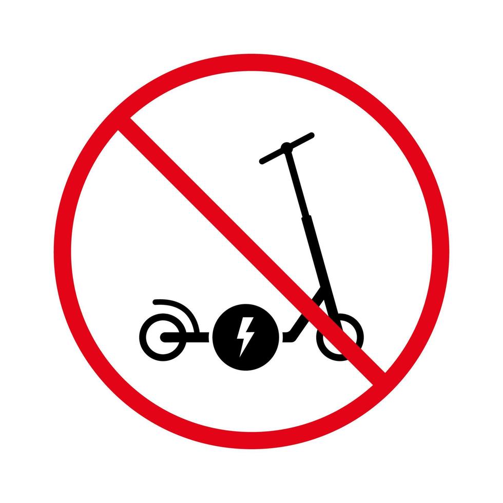 kein erlaubtes Push-Wheel-Bike-Schild. verbieten Sie das Symbol für die schwarze Silhouette des elektronischen Tretrollers. Stromtransport rotes Stoppsymbol. Piktogramm für elektrische Tretroller verbieten. isolierte vektorillustration. vektor