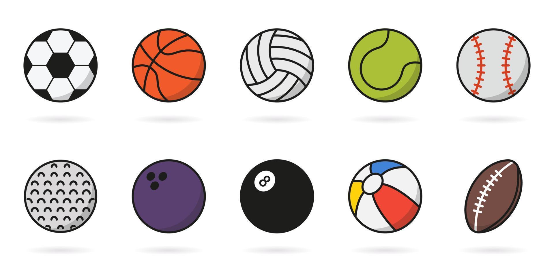 uppsättning sport spel bollar ikon. samling av bollar för basket, baseboll, tennis, rugby, fotboll, volleyboll, golf, pool, bowling piktogram. uppblåsbar boll, softball symbol. vektor illustration.