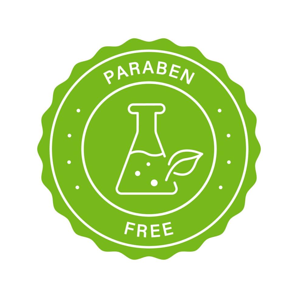 Stempel frei von Paraben-Chemikalien. kostenloses kunststoff-öko-kosmetik-grünes etikett. Nicht-Paraben-Aufkleber. kein Konservierungsmittel, Sicherheitszeichen für Naturprodukte. Qualitätssiegel für Lebensmittel. isolierte Vektorillustration. vektor