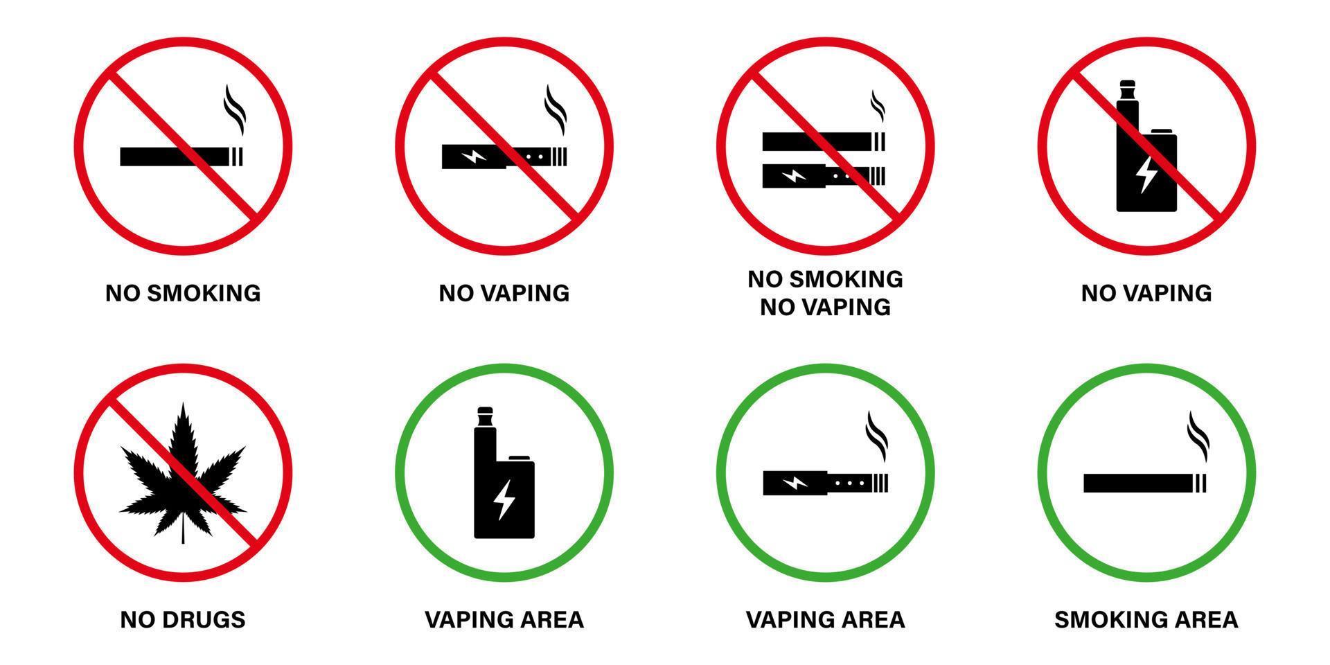 verbotszone rauchen droge elektronische zigarette nikotin vaping set symbol. Beachten Sie das verbotene Piktogramm für den Rauchbereich. Rauchen grünes Schild zulassen. Schild für verbotenen Rauchbereich. isolierte Vektorillustration. vektor