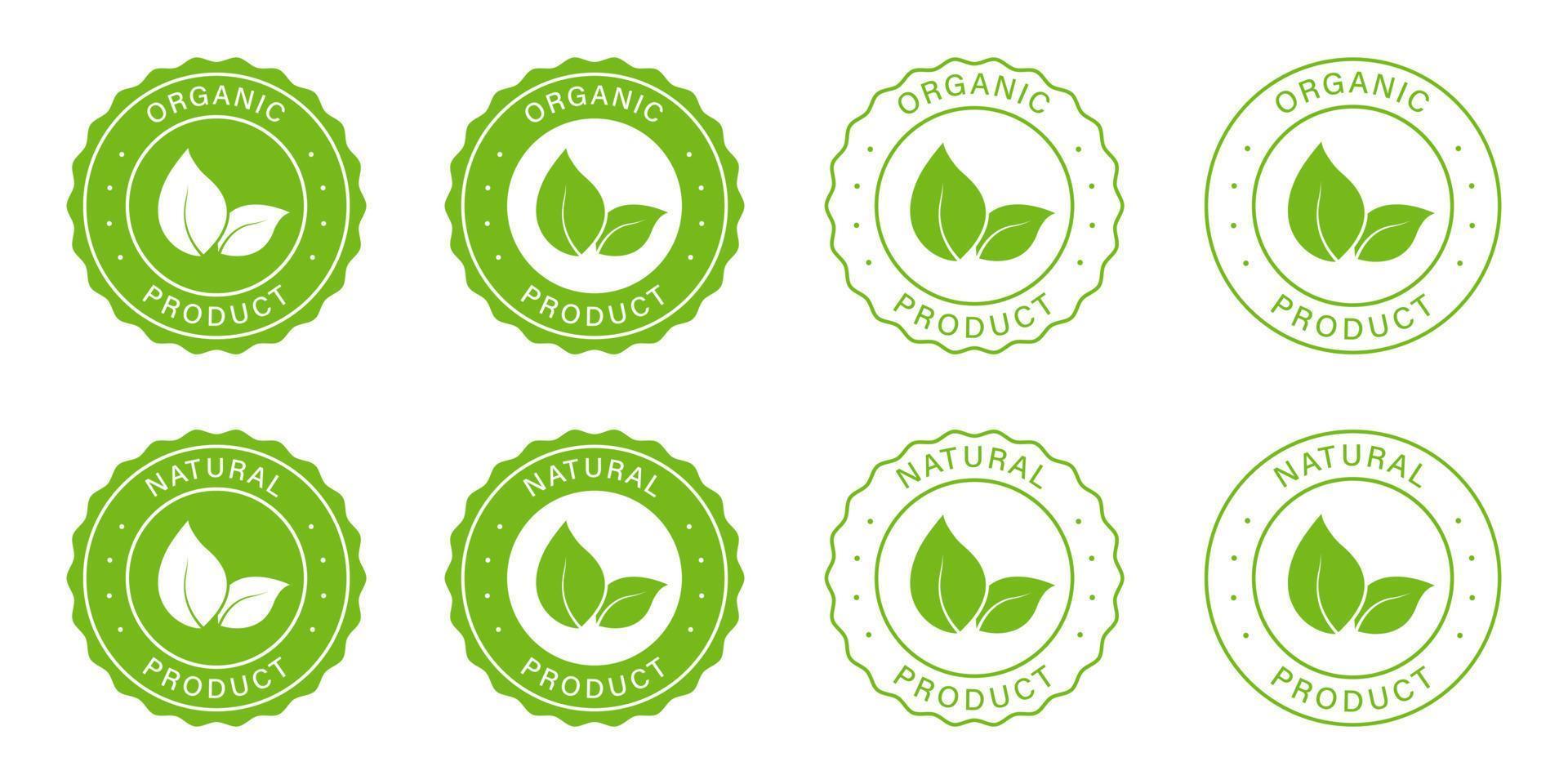 organisk naturlig produkt ikonuppsättning. hälsosam eco grön etikett. bio mat logotyp. 100 procent ekologisk produkt vegansk matstämpel. naturlig produkt symbol. ekologi tecken. isolerade vektor illustration.