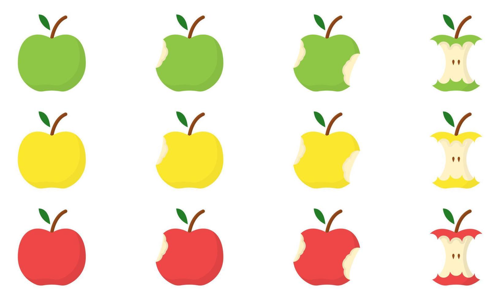 Satz von gelbem, grünem, rotem Apfelbiss-Stadiumskonzept. Schritt des Essens von Äpfeln vom ganzen zum halben und Kern. gesunde frische Bio-Lebensmittel. isolierte Vektorillustration. vektor