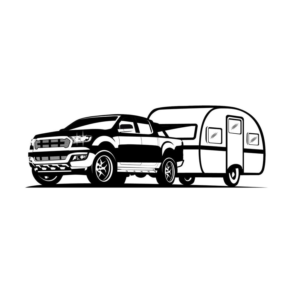 dubbelhytt bildragare husvagnssläp, husvagnssläp för äventyr och säsongsbetonad camping. vektor illustration.