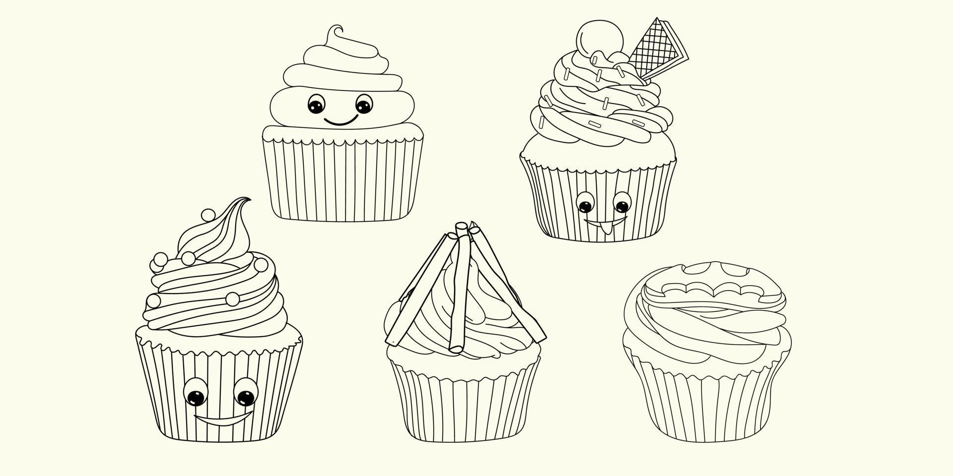 Cupcake-Vektor-Set handgezeichnete Linie Kunst-Illustrationsset, Cup-Kuchen-Umriss für Malbuch vektor