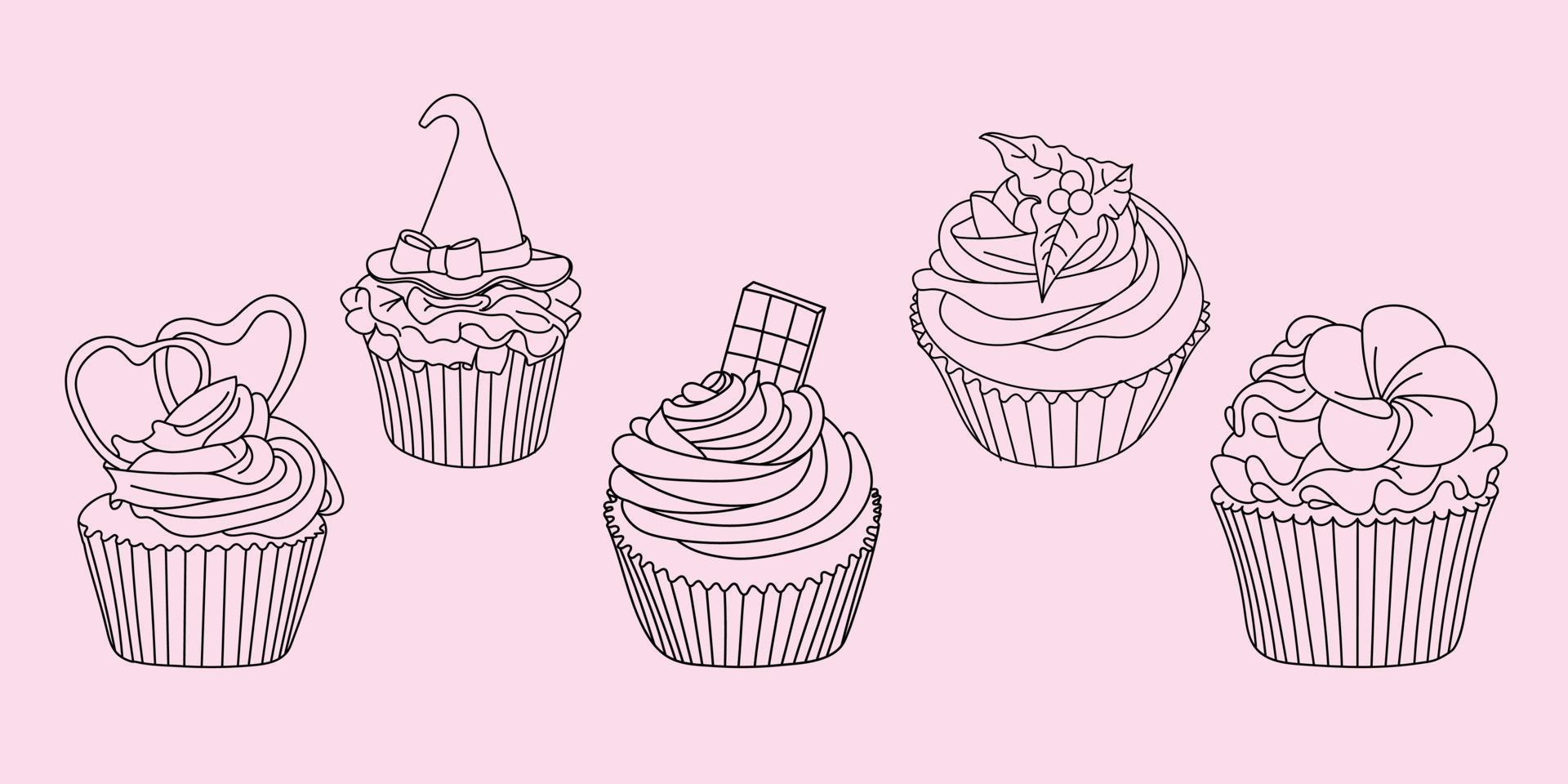 Cupcake-Vektor-Set handgezeichnete Linie Kunst-Illustrationsset, Cup-Kuchen-Umriss für Malbuch vektor