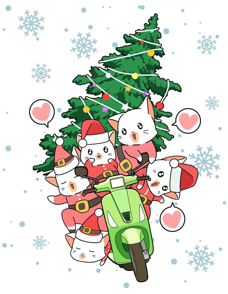 Santa Klausel Katzen reiten auf Moped mit Weihnachtsbaum vektor