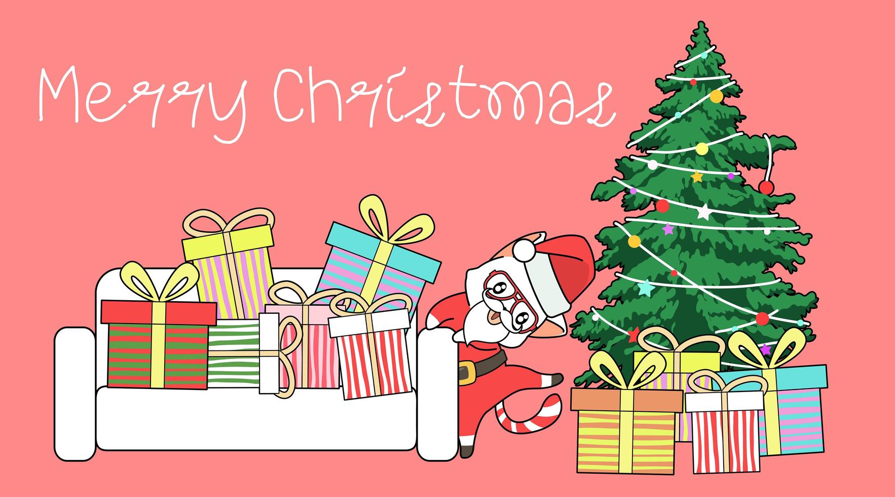 Santa Klausel Katze tanzen um Weihnachtsbaum und Geschenke vektor