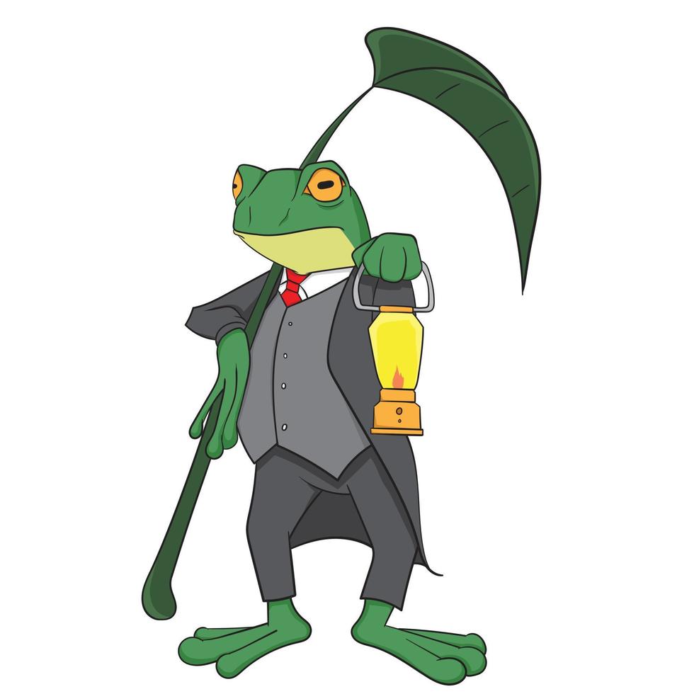 eleganter frosch mit seiner blattregenschirm-vektorillustration vektor