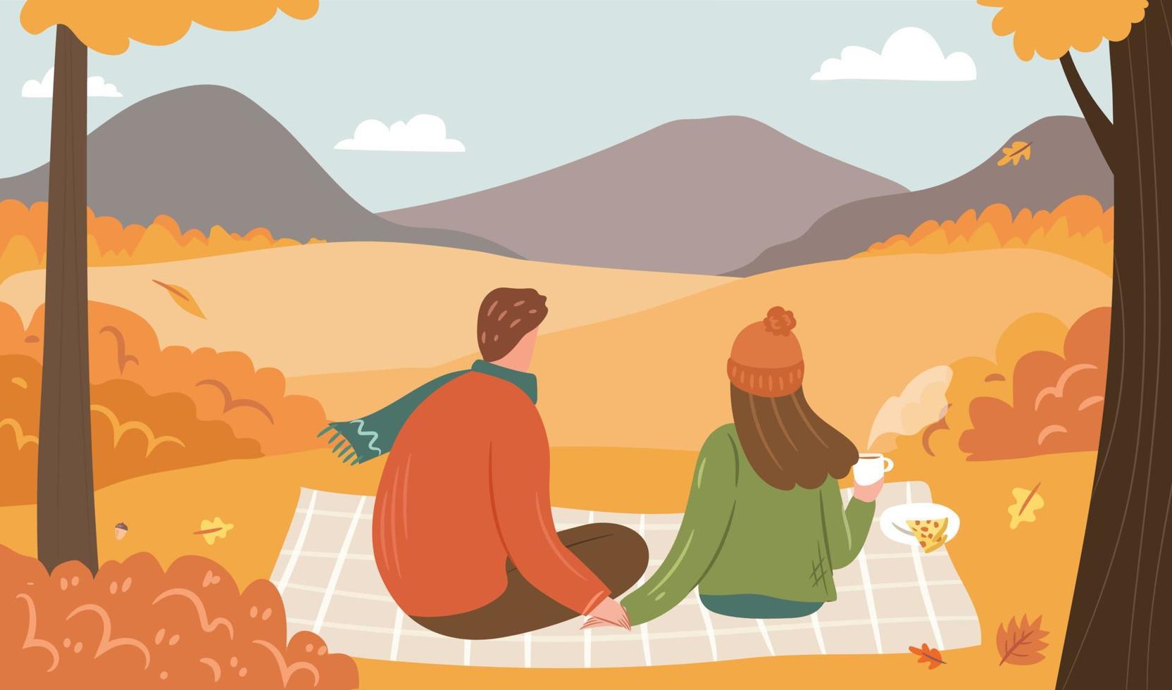 höstens skogspicknick. lyckligt par som bär tröjor sitter på en filt. höstlandskap bakgrund med gula träd, berg, orange löv. handritad platt vektorillustration. vektor