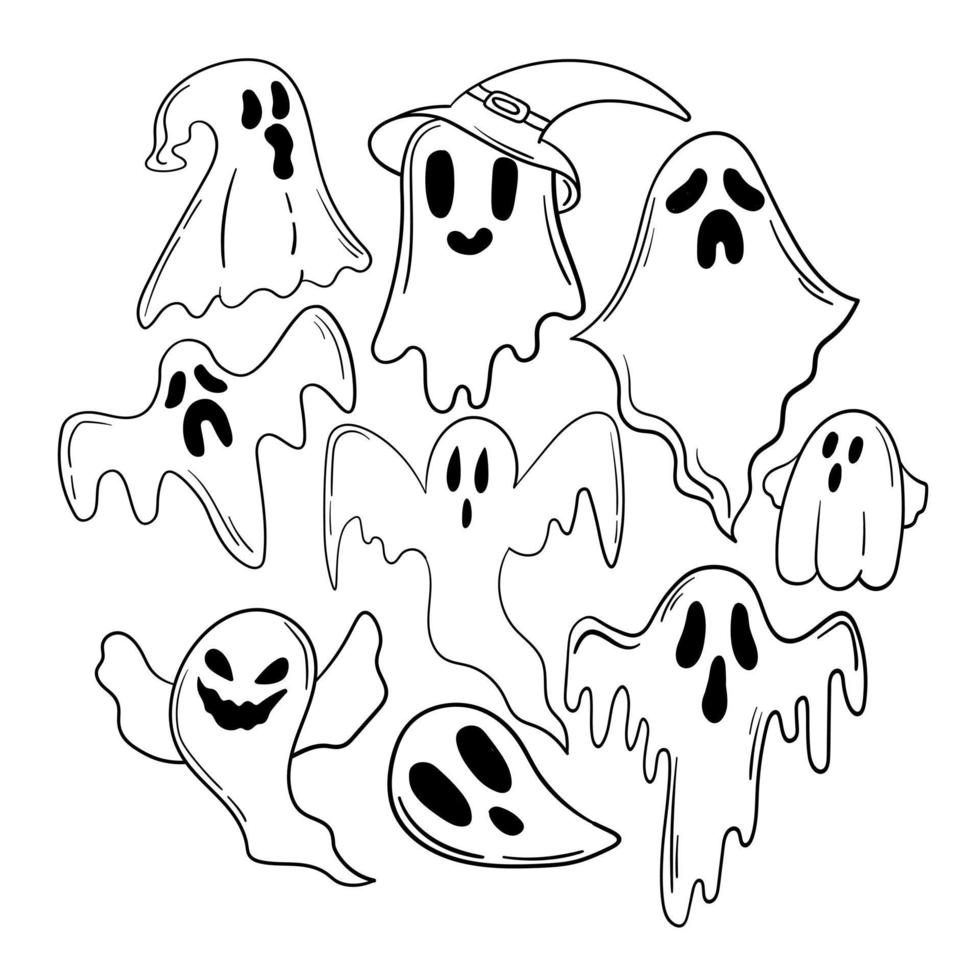 doodle set klistermärke söt spöke för halloween vektor