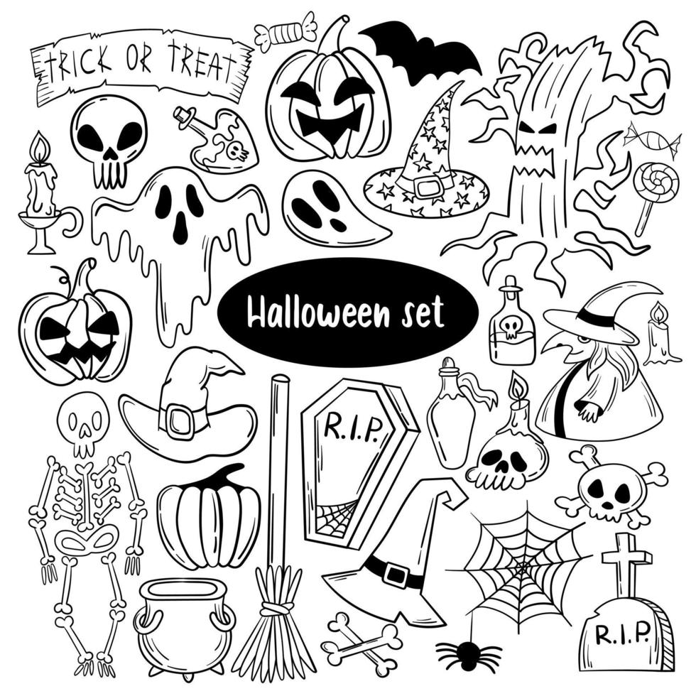 stor uppsättning söta halloween doodles vektor