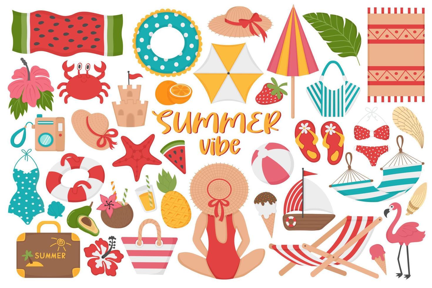 uppsättning sommarsemester på stranden. doodle platt clipart. alla föremål målas om. vektor