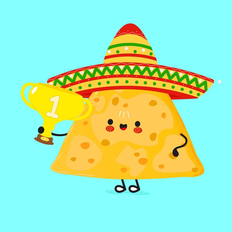 söta roliga nachos hålla guld trofé kopp. vektor handritad tecknad kawaii karaktär illustration ikon. isolerad på blå bakgrund. nachos med vinnarpokal