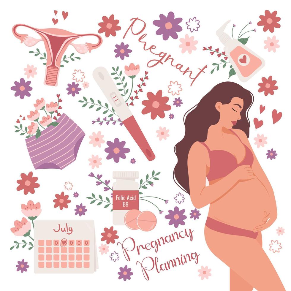 illustration av en gravid kvinna. begreppet graviditet och planering med föremål för feminin hygien och hälsa, livmoder, graviditetstest, ägglossningskalender. vektor