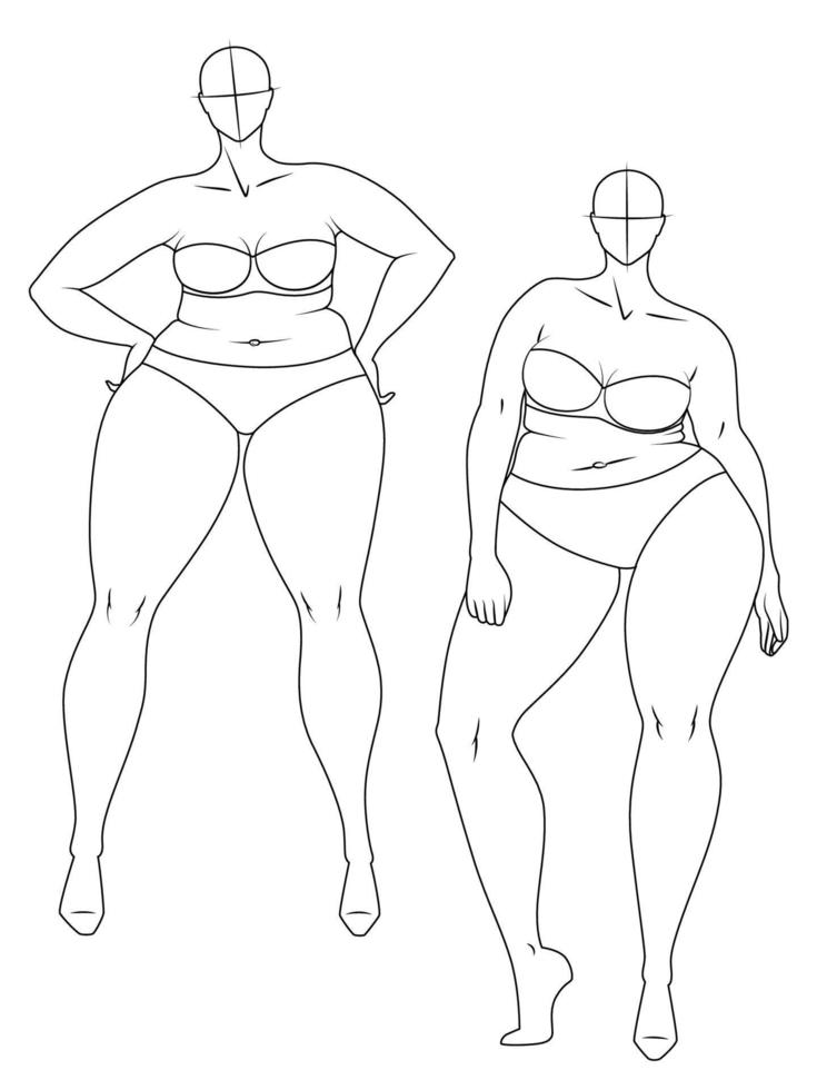 plus size 10 huvuden modefigurmallar. överdriven croquis för modedesign och illustration. vektor illustration