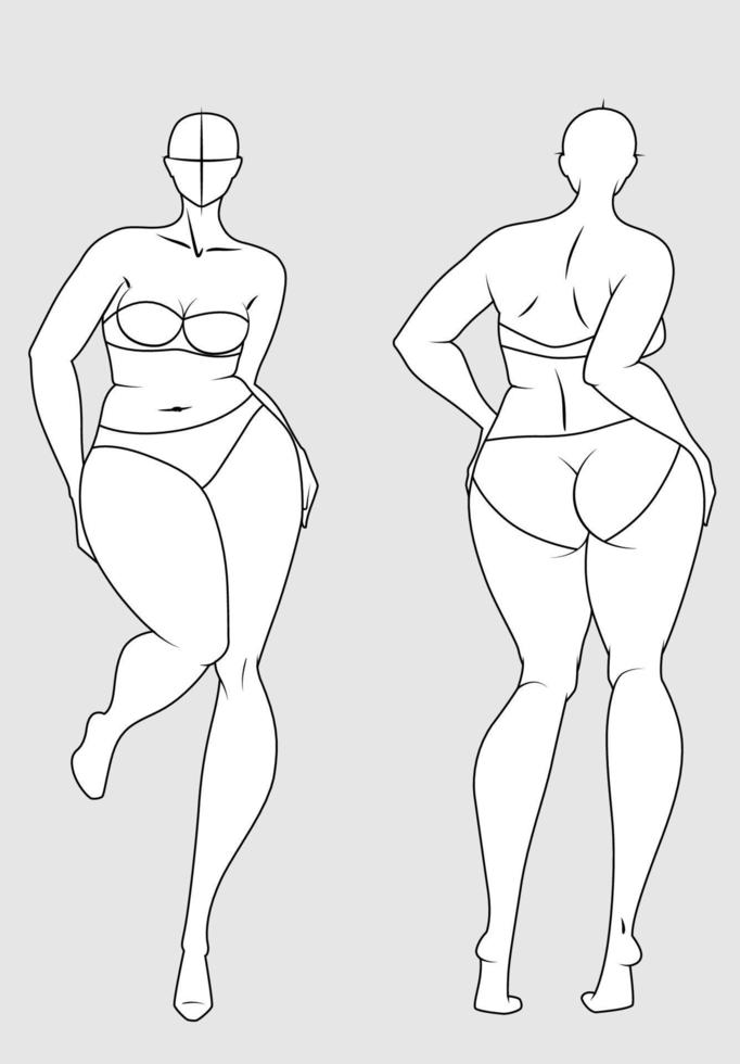 plus size modefigurmallar. överdriven croquis för modedesign och illustration vektor