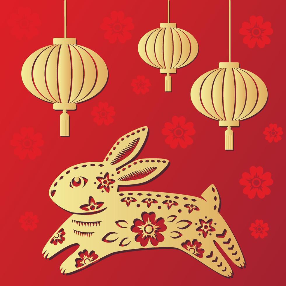 gott kinesiskt nytt år 2023 stjärntecken, kaninens år, med guldpappersklippt konst på röd bakgrund med kinesiska lyktor vektor
