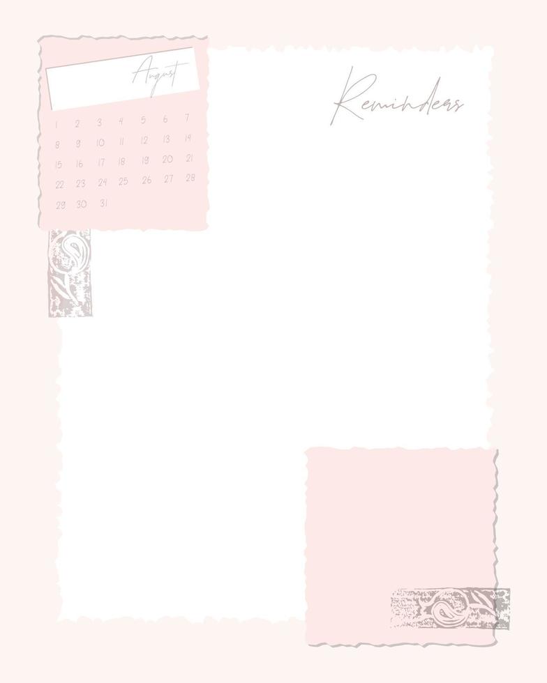 erinnerungen kalender august 2022 rosa farbe, vorlage, leer, stempel, scrapbooking, pläne, vintage. vektor
