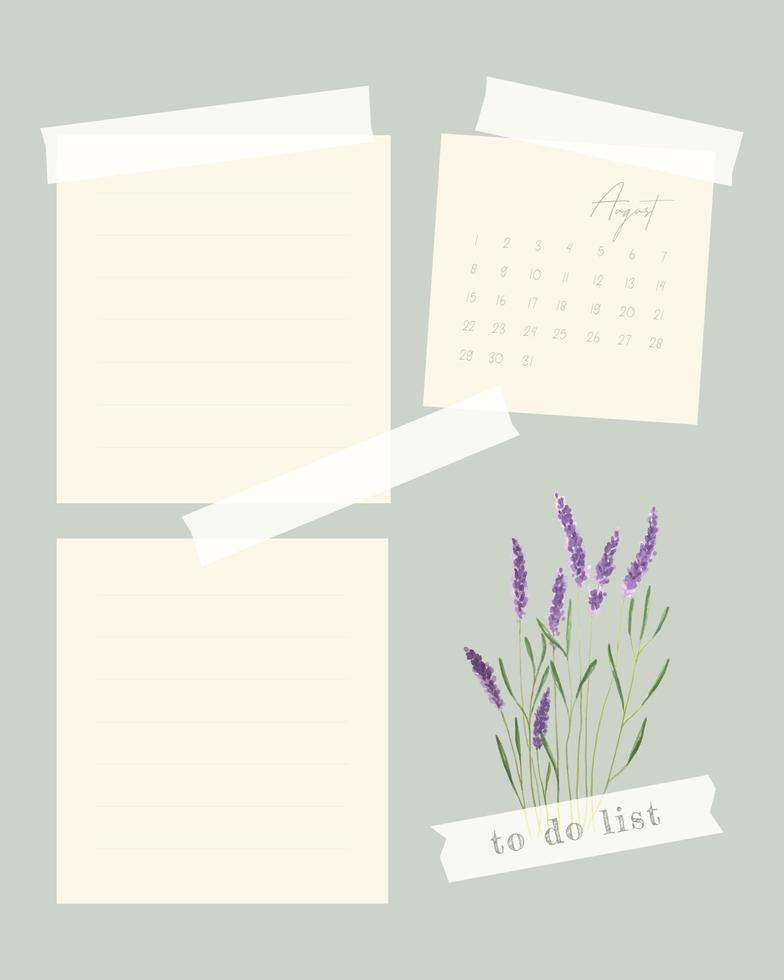 augusti 2022 kalendercollage mall för anteckningar, att göra-lista, påminnelse, lavendel akvarell handritning. vektor