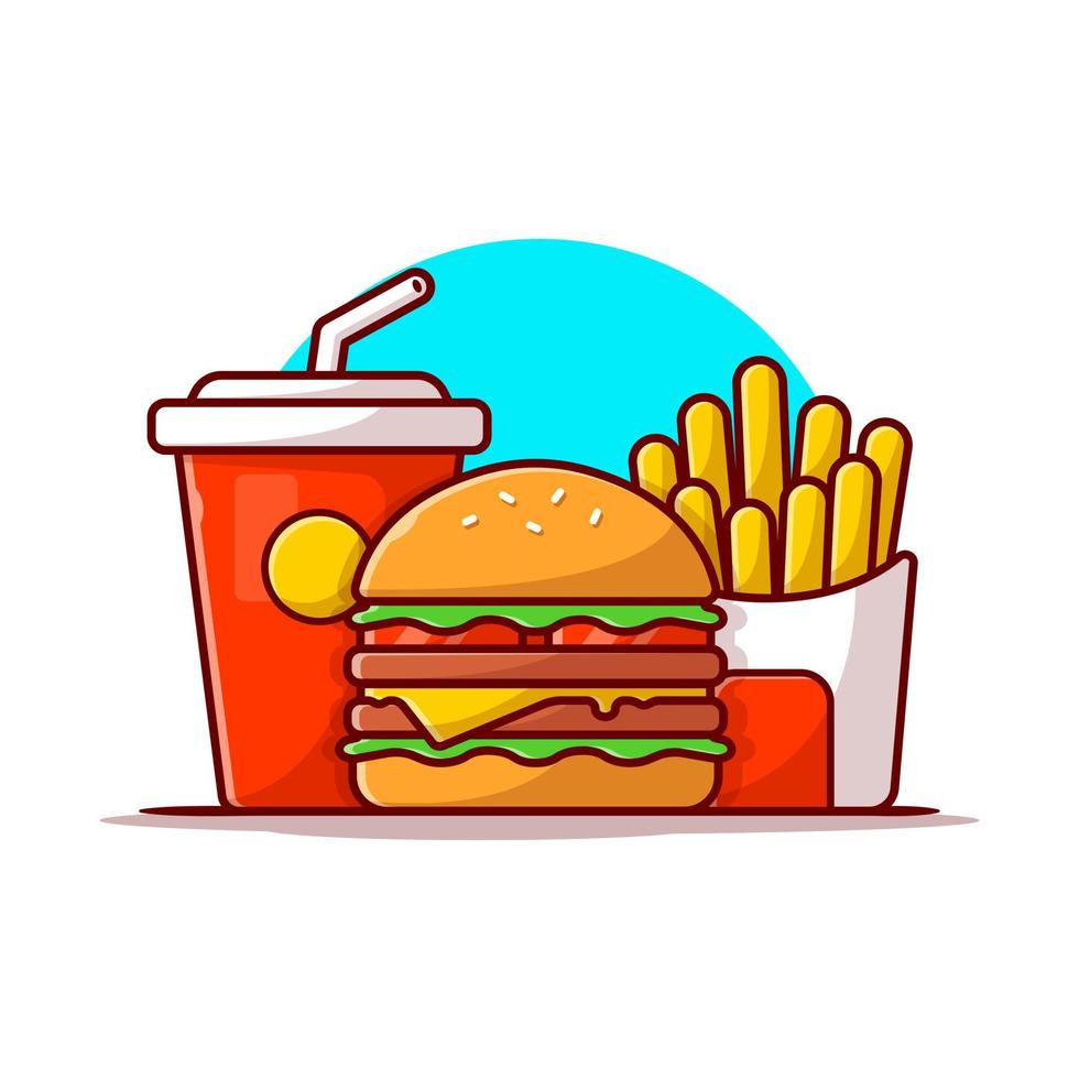 burger, pommes frites und soda cartoon vektor symbol illustration. Lebensmittel-Objekt-Icon-Konzept isolierter Premium-Vektor. flacher Cartoon-Stil
