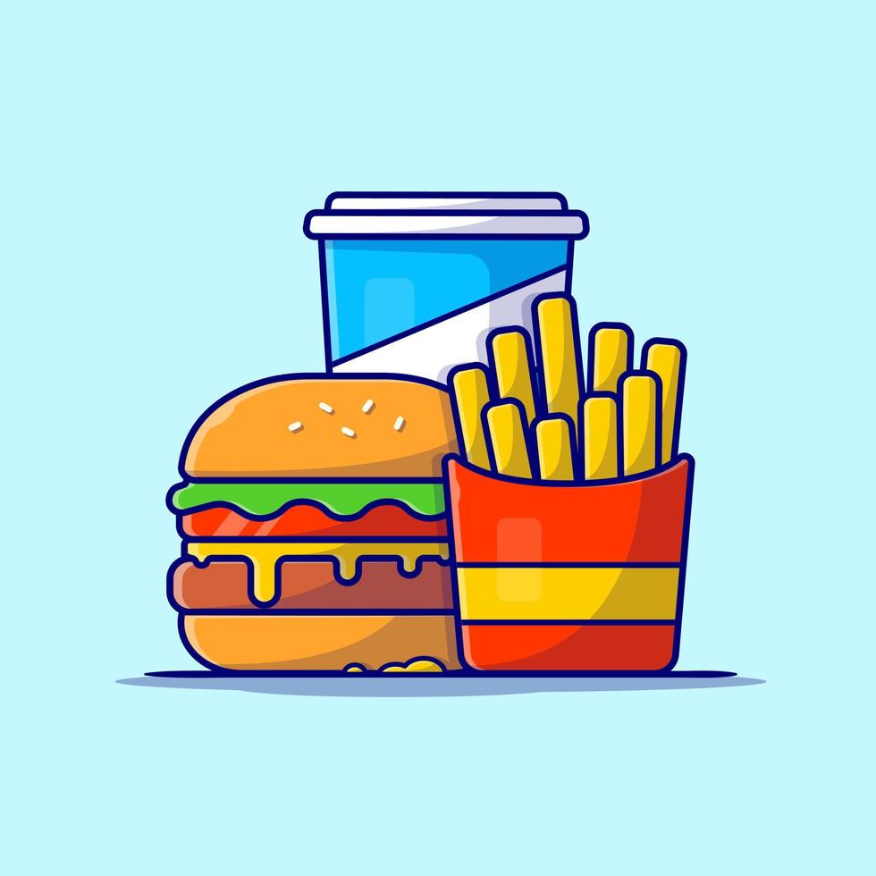 hamburgare, pommes frites och läsk tecknad vektor ikonillustration. mat objekt ikon koncept isolerade premium vektor. platt tecknad stil