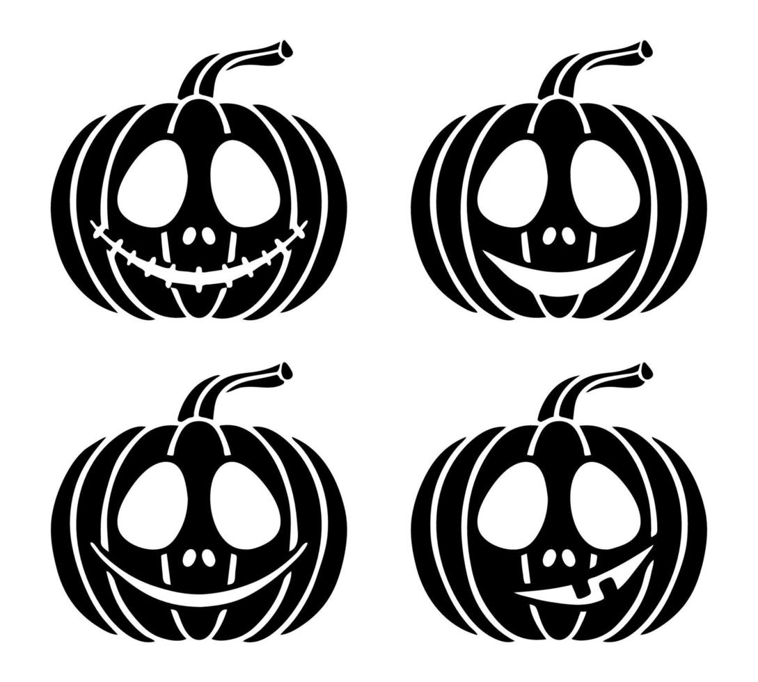 Vektor Schwarz-Weiß-handgezeichnete Illustration Satz von 4 Halloween-Kürbisse mit einem geschnitzten Gesicht