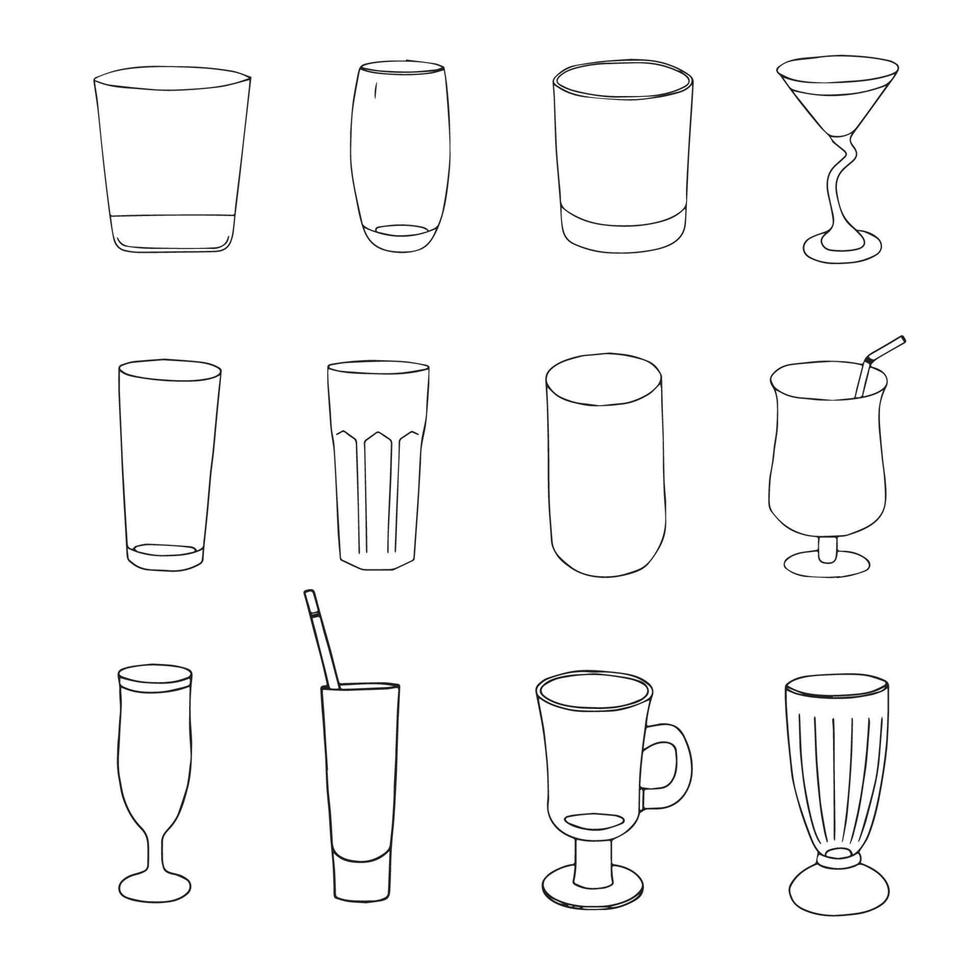 Stellen Sie handgezeichnete Gläser für alkoholische Getränke ein, die auf einem weißen Hintergrund isoliert sind. illustration im schwarz-weiß-grafikstil, gekritzel. Es kann für die Dekoration von Textilien, Papier verwendet werden. vektor