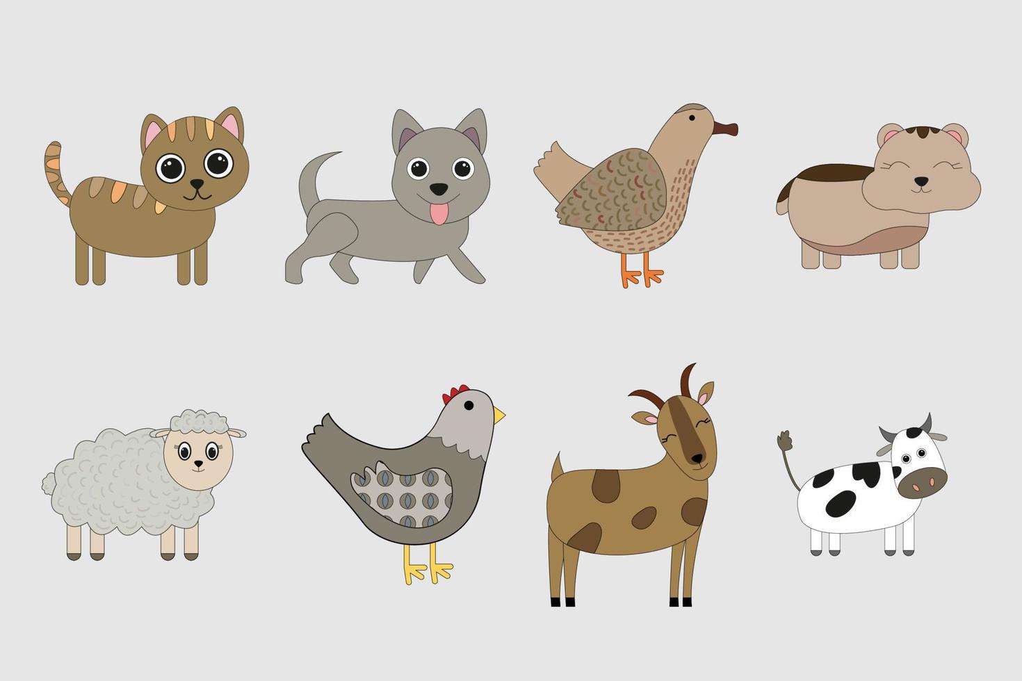 süße Cartoon-Haustiere. satz von hund, katze, kuh, schaf, huhn, ente, ziege, hamster vektor