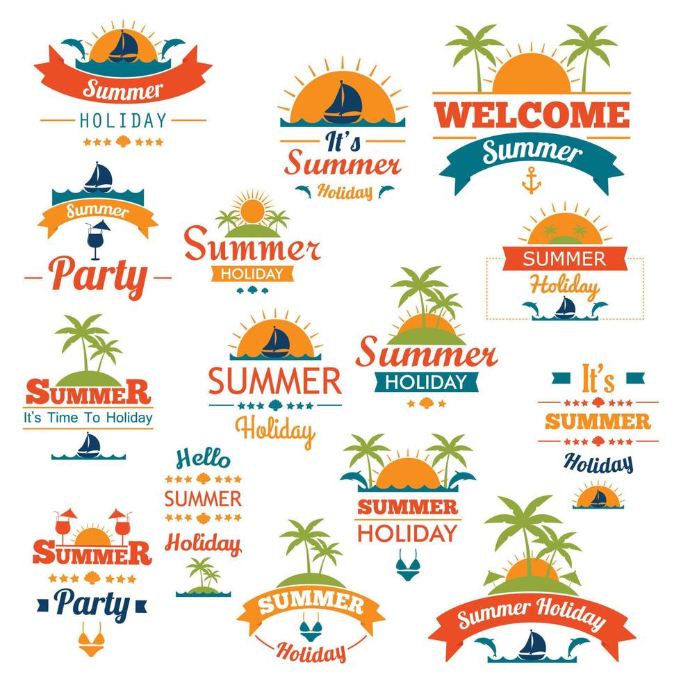 handgezeichnete retro-elemente für kalligraphische sommerdesigns vintage-ornamente alles für den urlaub tropisches paradies, meer, sonnenschein, wochenendtour, strandurlaub, abenteueretiketten-vektorset vektor