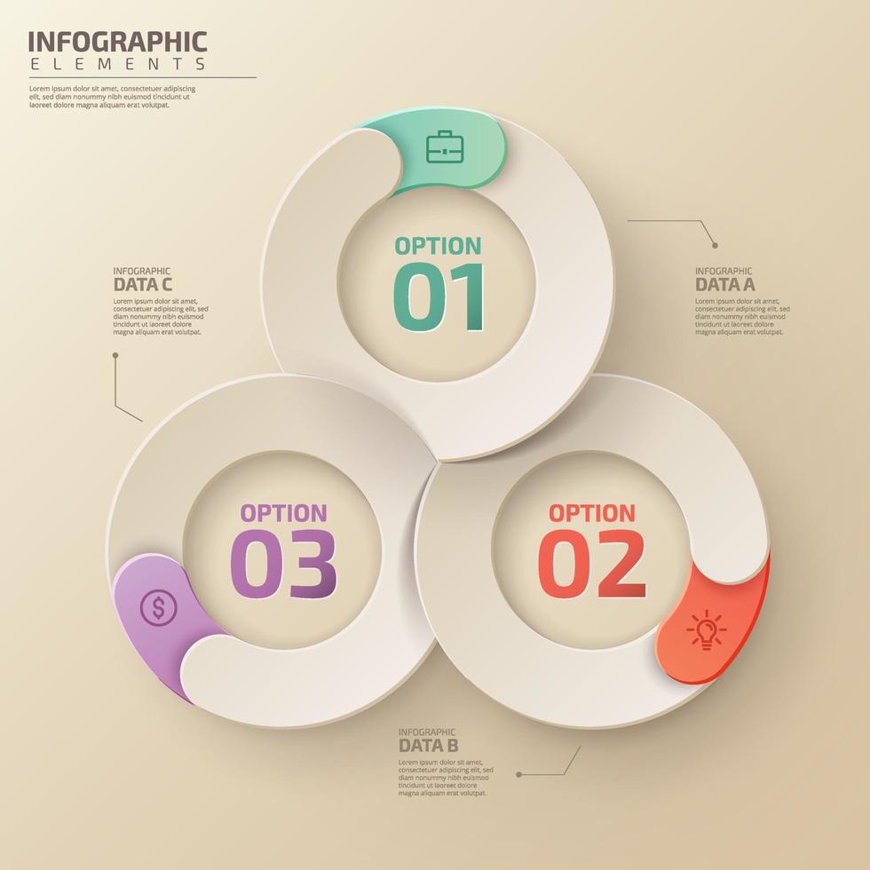 business infographic mall med cirkel runda 3 steg eller alternativ vektor