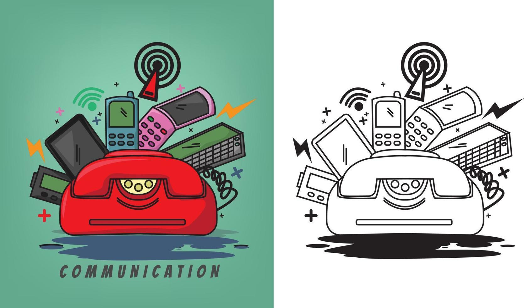 satz verschiedener klassischer und moderner telefone und mobiltelefone. Draht-, Handy- und Mobiltelefone. Retro-Vintage-Stil-Ikonen. hand gezeichnete vektorillustration. verfügbar im zweifarbigen Modus. vektor